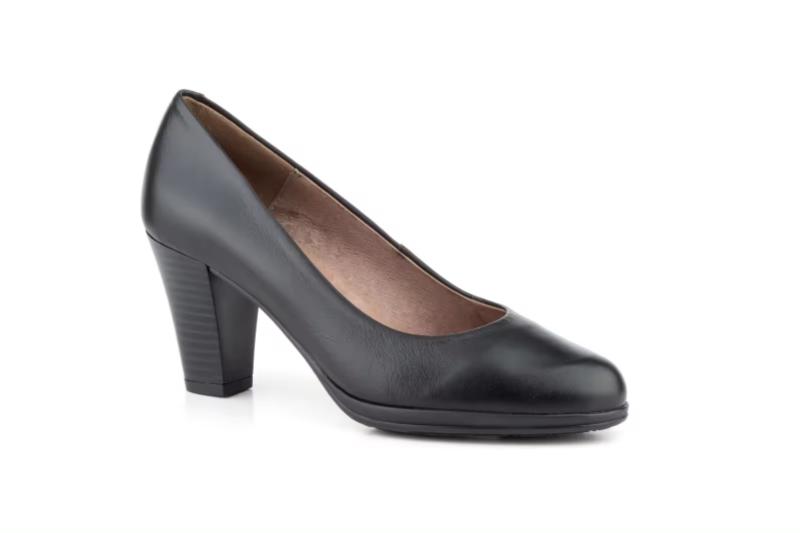 Zapatos de mujer de piel negra con tacón medio-alto clásicos Hecho en España Tallas 36 a 41 Modelo 1586 Par y medio