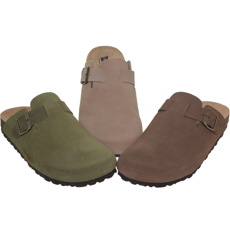 Zuecos unisex de piel serraje con hebilla ajustable y plantilla de corcho Made in Spain Tallas 40 a 46 Modelo Toronto Casual