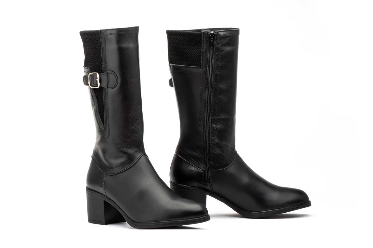 Botas Mujer Piel Negro Licra Hebilla Tacón modelo 90731 Iberico Shoes