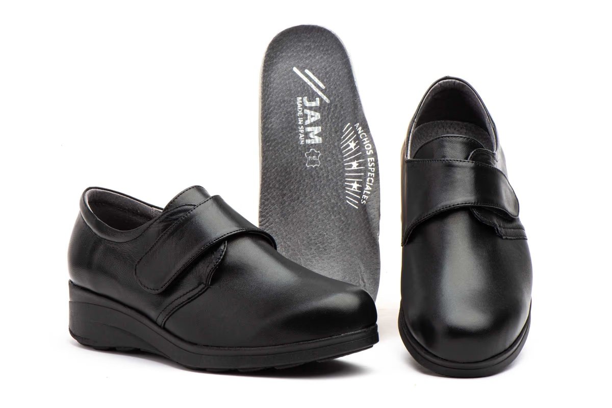 Zapatos Mujer Piel Negro Cierre Velcro Plantilla Extraible Cuña modelo 7436 Jam