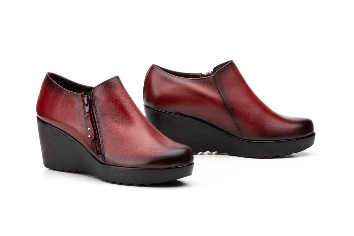 Zapatos Mujer Piel Burdeos Cremallera Cuña modelo 9006 Jam