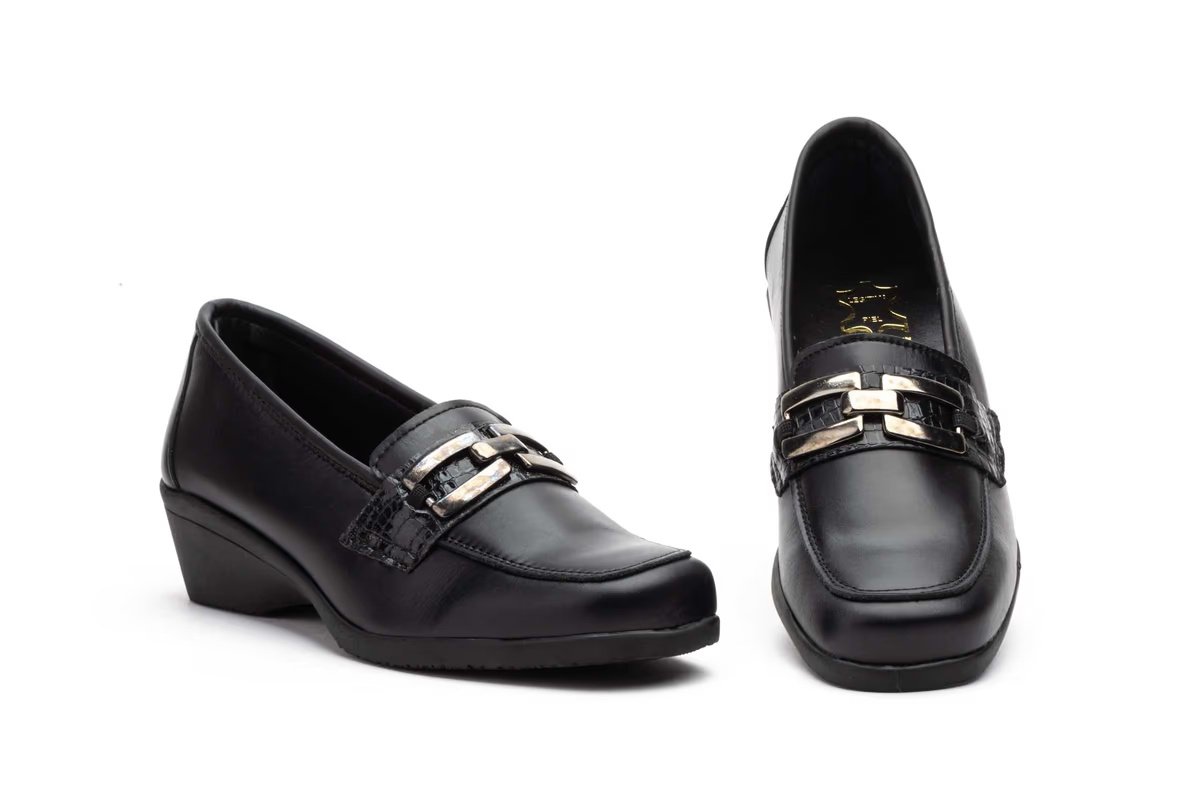 Zapatos Mujer Piel Negro Hebilla Cuña modelo AE532 Alto Estilo