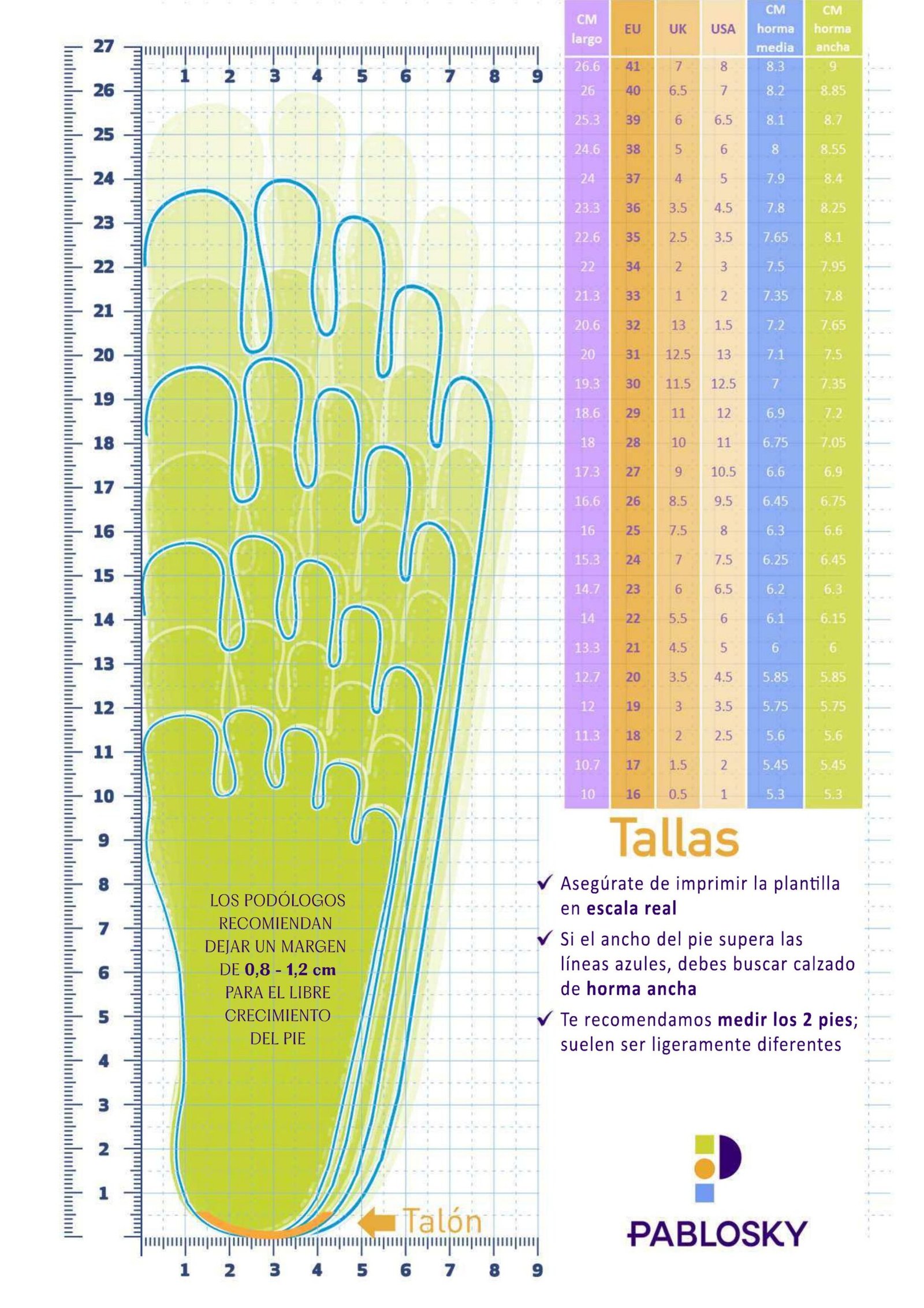 Deportiva infantil Pablosky 9039 con doble velcro tallas 28 a 37 7 Guía de tallas Pablosky infantil con medidas en centímetros